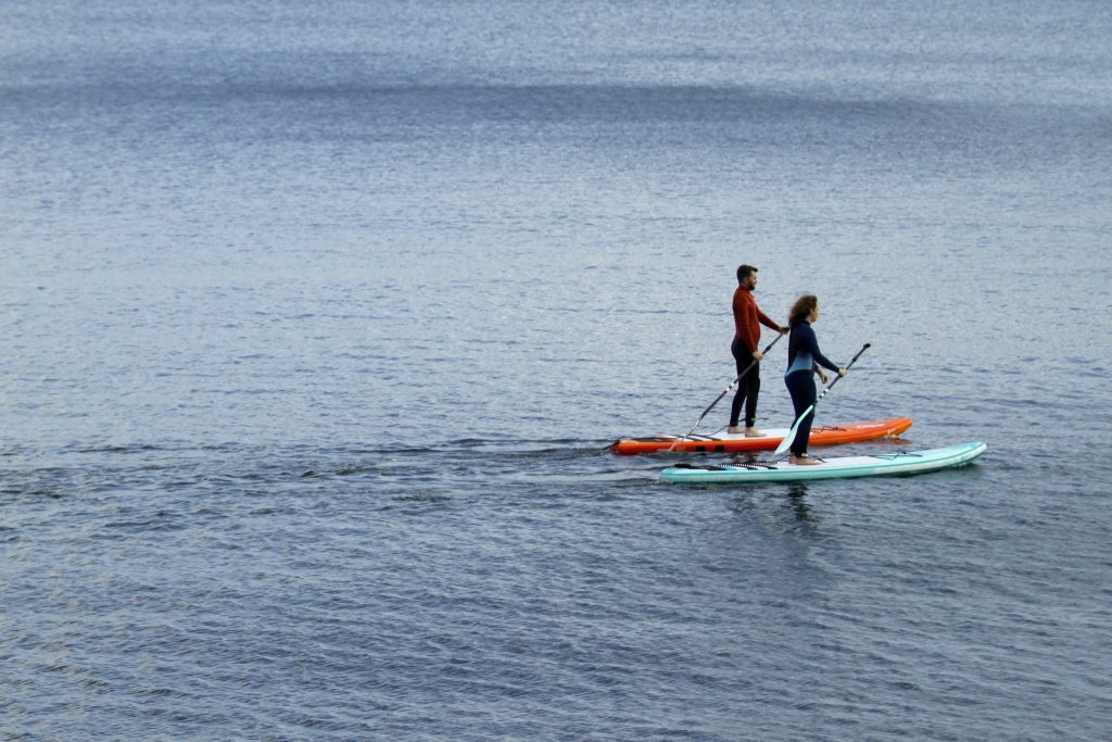 two people standing on paddle boards in the sea