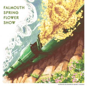 Poster featuring a coloured drawing of a green steam train filled with yellow daffodils